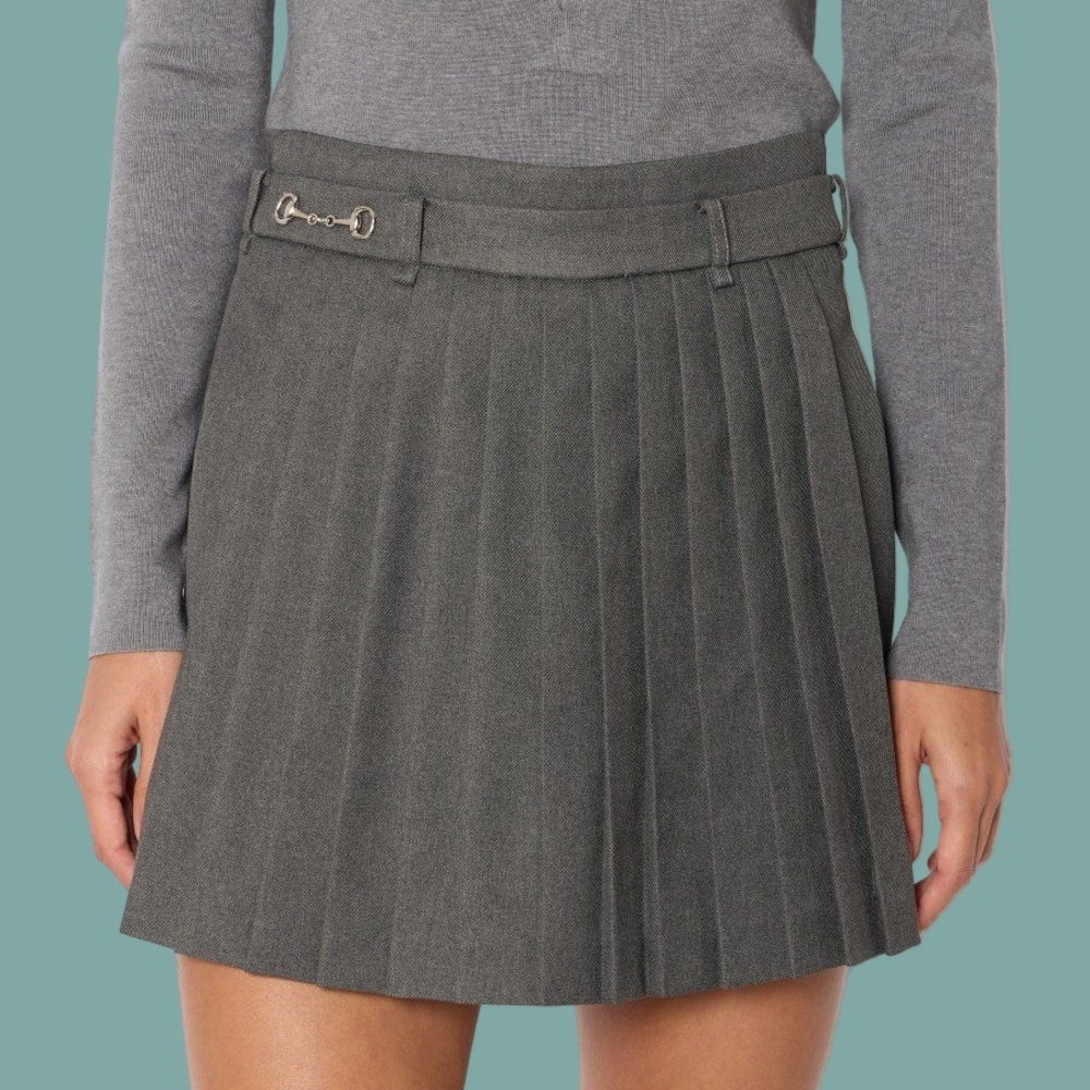 Gray Pleated Mini Skirt with Buckle Accent